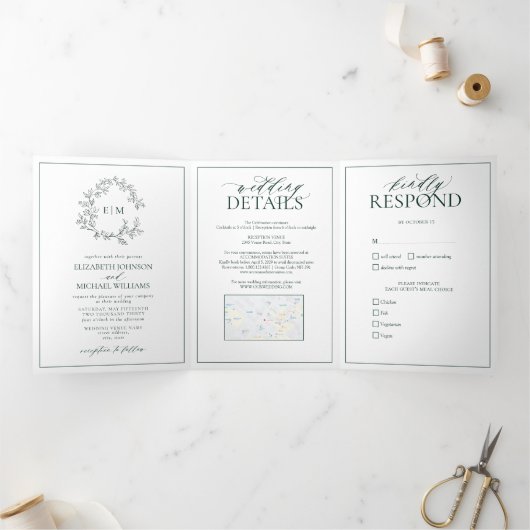 Invitation Trois Volets Mariage de monogramme Emerald Green Leafy Crest (Intérieur)