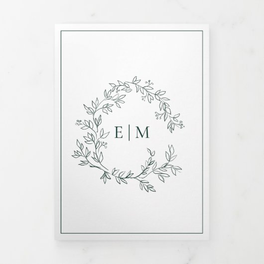 Invitation Trois Volets Mariage de monogramme Emerald Green Leafy Crest (Page de couverture)