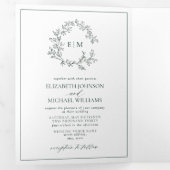 Invitation Trois Volets Mariage de monogramme Emerald Green Leafy Crest (Intérieur en premier)