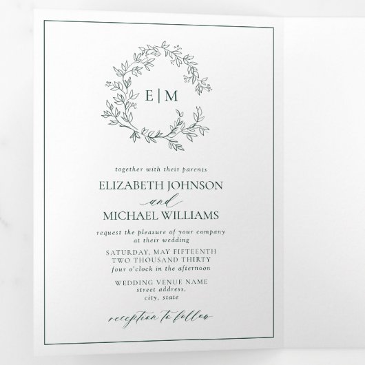 Invitation Trois Volets Mariage de monogramme Emerald Green Leafy Crest (Intérieur en premier)