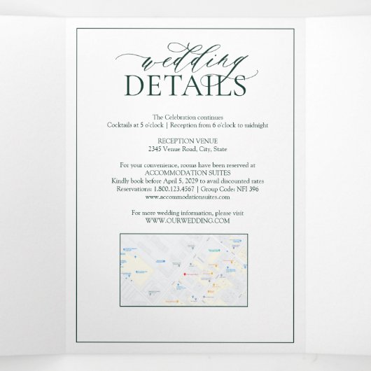 Invitation Trois Volets Mariage de monogramme Emerald Green Leafy Crest (Intérieur au milieu)