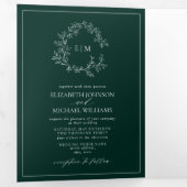 Invitation Trois Volets Mariage de monogramme Emerald Green Leafy Crest (Intérieur en premier)