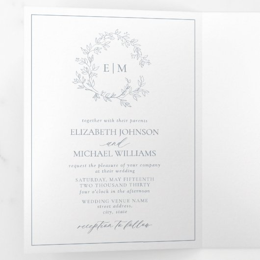 Invitation Trois Volets Mariage de monogramme en poitrine bleue Dusty (Intérieur en premier)