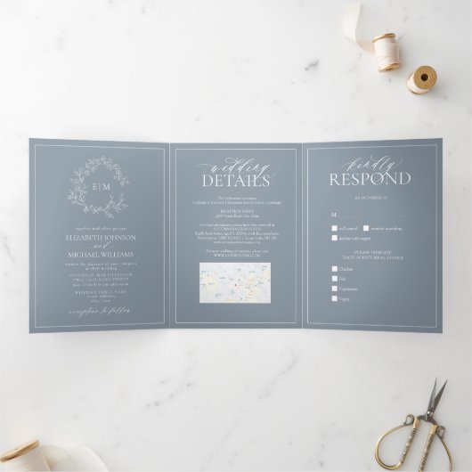 Invitation Trois Volets Mariage de monogramme en poitrine bleue Dusty (Intérieur)