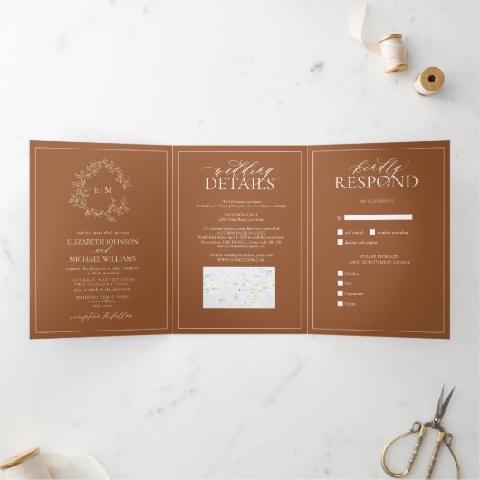 Invitation Trois Volets Mariage de monogramme en terre cuite (Intérieur)