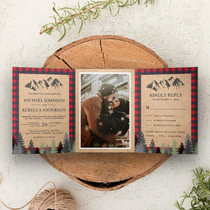 Invitation Trois Volets Mariage de montagne rustique Kraft rouge à carreau