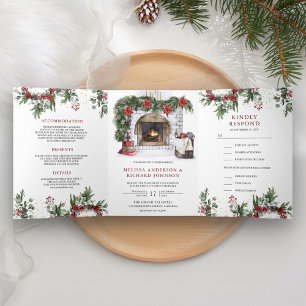 Invitation Trois Volets Mariage de Noël au coin du feu aux fleurs de Poins