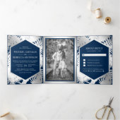 Invitation Trois Volets Mariage de palme tropicale bleu marine et argenté (Intérieur)