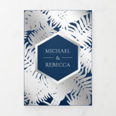 Invitation Trois Volets Mariage de palme tropicale bleu marine et argenté (Page de couverture)