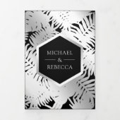 Invitation Trois Volets Mariage de palme tropicale noire et argentée (Page de couverture)