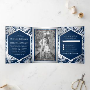 Invitation Trois Volets Mariage de palmiers tropicaux Navy Blue and Silver