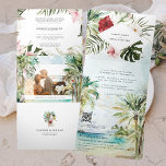 Invitation Trois Volets Mariage de plage de palmiers tropicaux<br><div class="desc">Il présente une végétation exotique d'aquarelle et des fleurs contre un arrière - plan océanique doux. Donnez le ton pour un week-end mariage passionnant avec une invitation d'itinéraire personnalisée. Cette invitation "spacieuse" est une excellente façon de donner à vos invités des informations complémentaires sur la mariage. Ces cartes peuvent énumérer...</div>