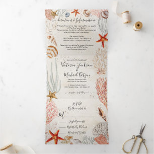Invitation Trois Volets Mariage de plage de sable de coquillages tropicaux