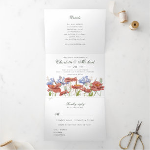 Invitation Trois Volets mariage de prairie fleur sauvage aquarelle