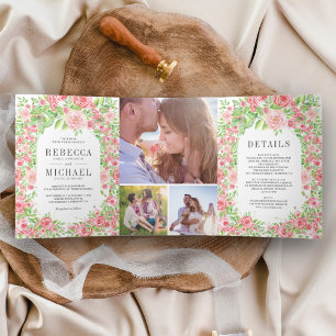 Invitation Trois Volets Mariage de roses roses blush Floral Photo Collage