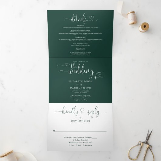Invitation Trois Volets Mariage de script Emerald Green Heart (Intérieur)
