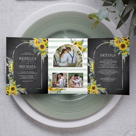 Invitation Trois Volets Mariage de tableau de bord de tournesol Eucalyptus