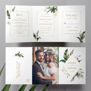 Invitation Trois Volets Mariage de trame or Tropical Watercolor Feuille