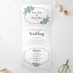 Invitation Trois Volets Mariage de typographie, fleurs d'aquarelle bleu fo