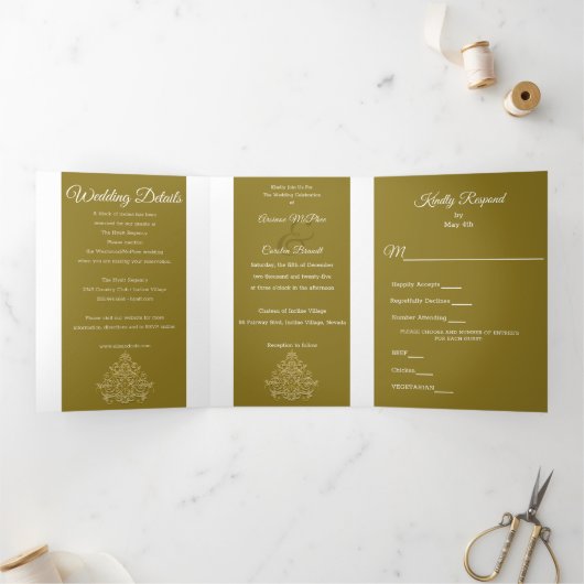 Invitation Trois Volets Mariage d'élégance dorée (Intérieur)