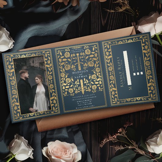 Invitation Trois Volets Mariage d'épée médiévale royale gris