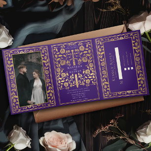 Invitation Trois Volets Mariage d'épée médiévale violette