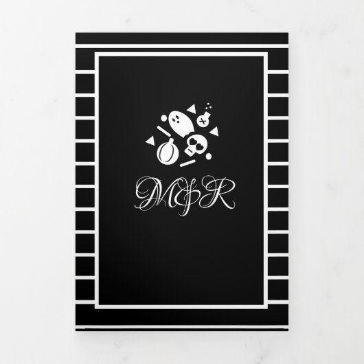 Invitation Trois Volets Mariage d'Halloween Gothique Rayures Crâne (Page de couverture)