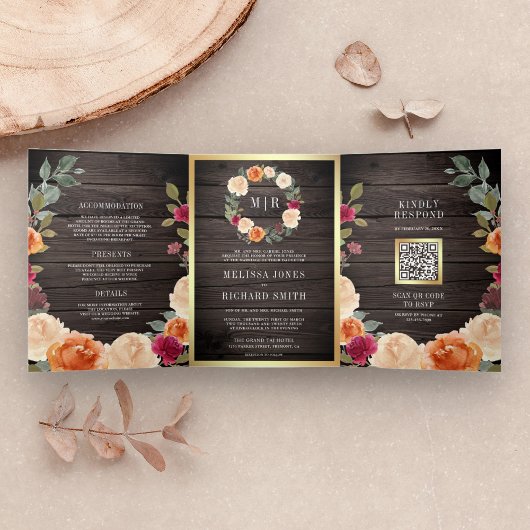 Invitation Trois Volets Mariage du code QR de la couronne de fleurs en boi