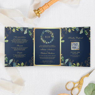 Invitation Trois Volets Mariage du code QR de la couronne d'Eucalyptus ble