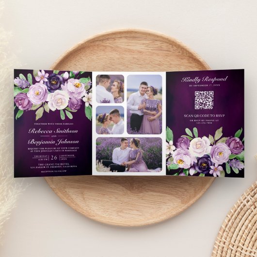 Invitation Trois Volets Mariage Eggplant Purple Floral QR Code Dark Moody