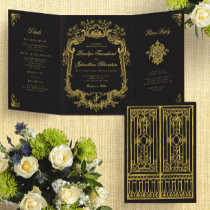 Invitation Trois Volets Mariage élégant à la porte noire dorée vintage
