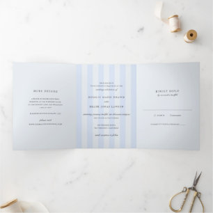 Invitation Trois Volets Mariage élégant aux rayures bleues modernes