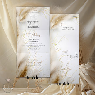 Invitation Trois Volets Mariage Elegant Boho Ivory et Gold Pampas