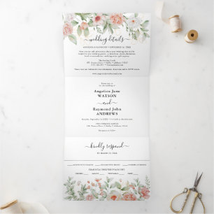 Invitation Trois Volets Mariage élégant botanique rose pêche