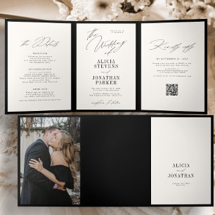 Invitation Trois Volets Mariage élégant classique photo QR noir et ivoire