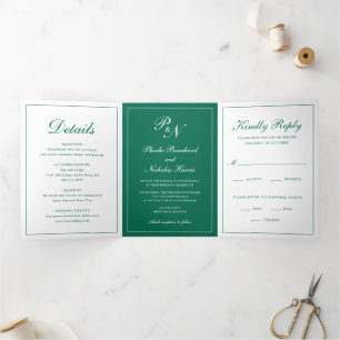 Invitation Trois Volets Mariage Élégant Classique Vert Émeraude