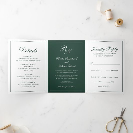 Invitation Trois Volets Mariage Élégant Classique Vert Forêt (Intérieur)