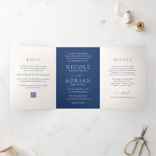 Invitation Trois Volets Mariage élégant code QR bleu marine classique