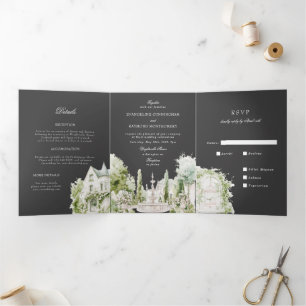Invitation Trois Volets Mariage élégant dans un jardin de manoir à l'aquar