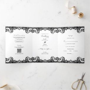 Invitation Trois Volets Mariage Élégant en Dentelle Noir et Blanc
