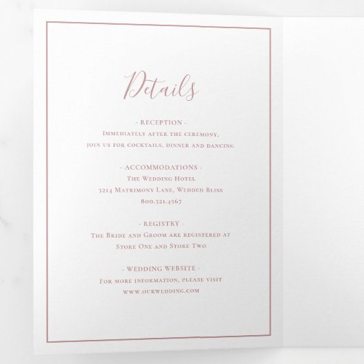 Invitation Trois Volets Mariage élégant et classique, Rose rose et poussié (Intérieur en premier)