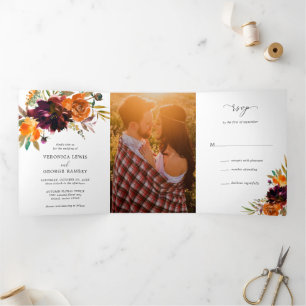 Invitation Trois Volets Mariage Élégant Floral Automnal Rustique