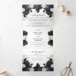 Invitation Trois Volets Mariage élégant floral bleu marine et blanc