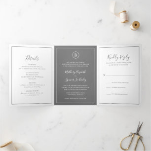 Invitation Trois Volets Mariage Élégant Gris Traditionnel