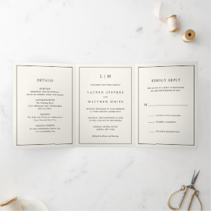 Invitation Trois Volets Mariage Élégant Monogramme Jaune Beurre Moderne