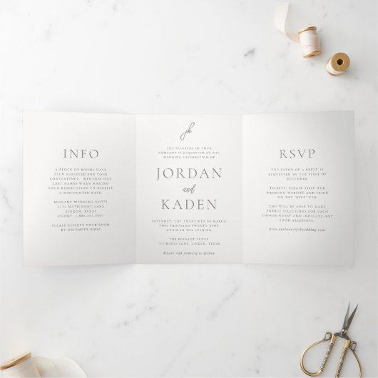 Invitation Trois Volets Mariage Élégant Monogramme Script Gris (Intérieur)