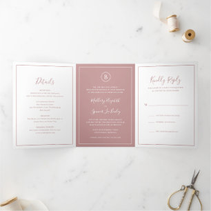 Invitation Trois Volets Mariage Élégant Rose Poussiéreuse Traditionnel