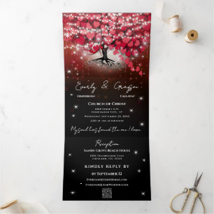 Invitation Trois Volets Mariage Élégant Rouge & Noir à Feuille en Forme de