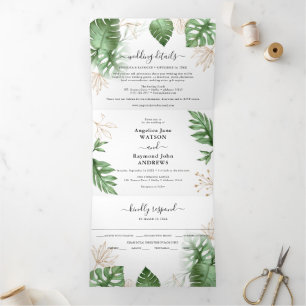 Invitation Trois Volets Mariage élégant tropical plage feuillage & or