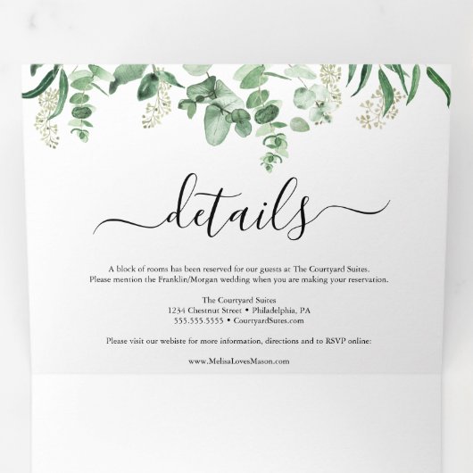 Invitation Trois Volets mariage élégant vert eucalyptus triptyque invitati (Intérieur en premier)
